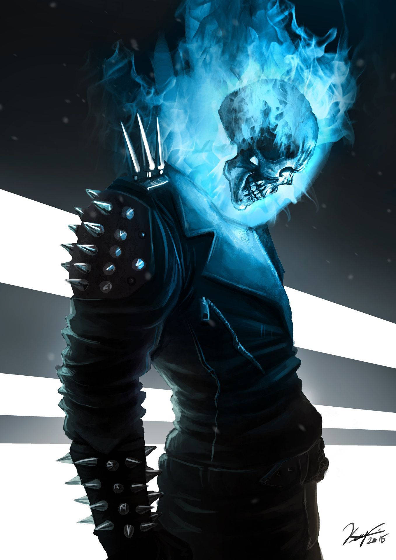Ghost Rider 擁有藍色火焰頭骨和帶釘皮革盔甲。 — 鬼 Rider 壁紙