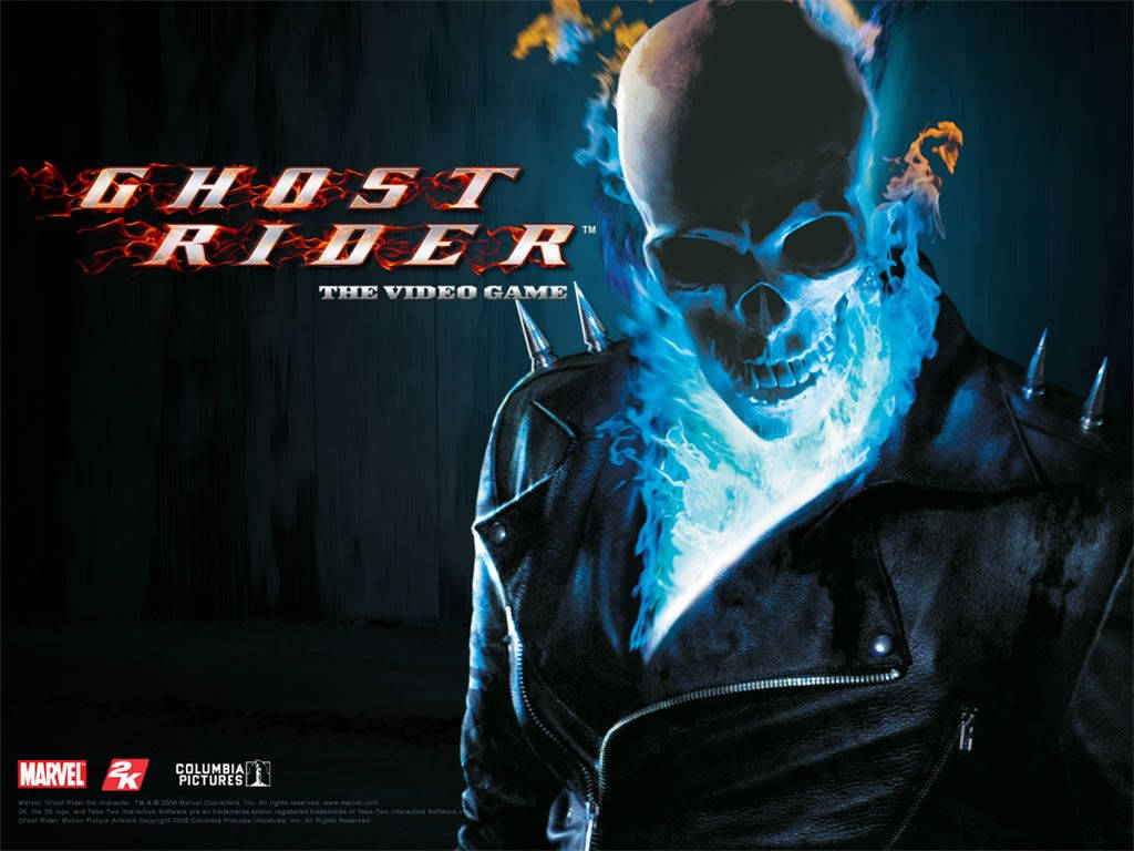 Ghost Rider 燃燒的頭骨和藍色火焰，穿著黑色皮夾克。 — 鬼 Rider 壁紙