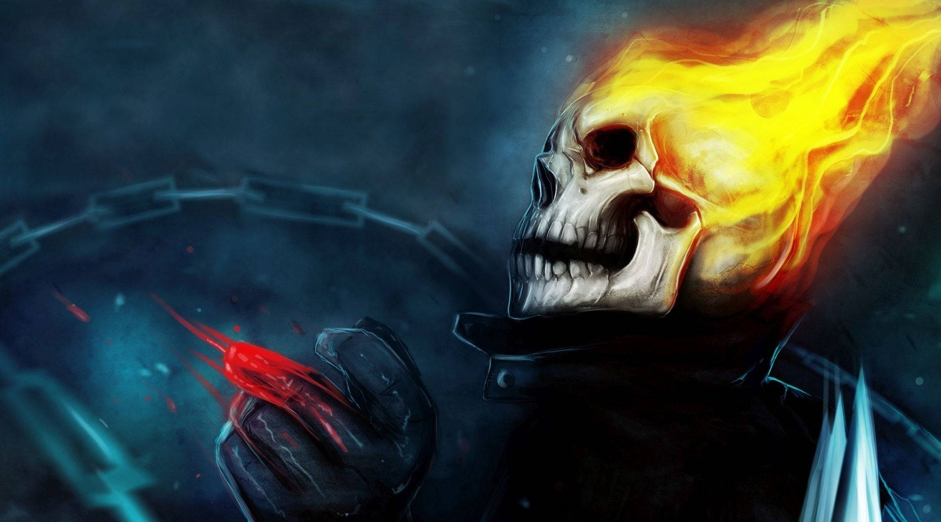 骷髏頭動圖 桌布 壁紙 — Ghost Rider 燃燒頭骨和紅色尖刺武器，背景為黑暗風暴。