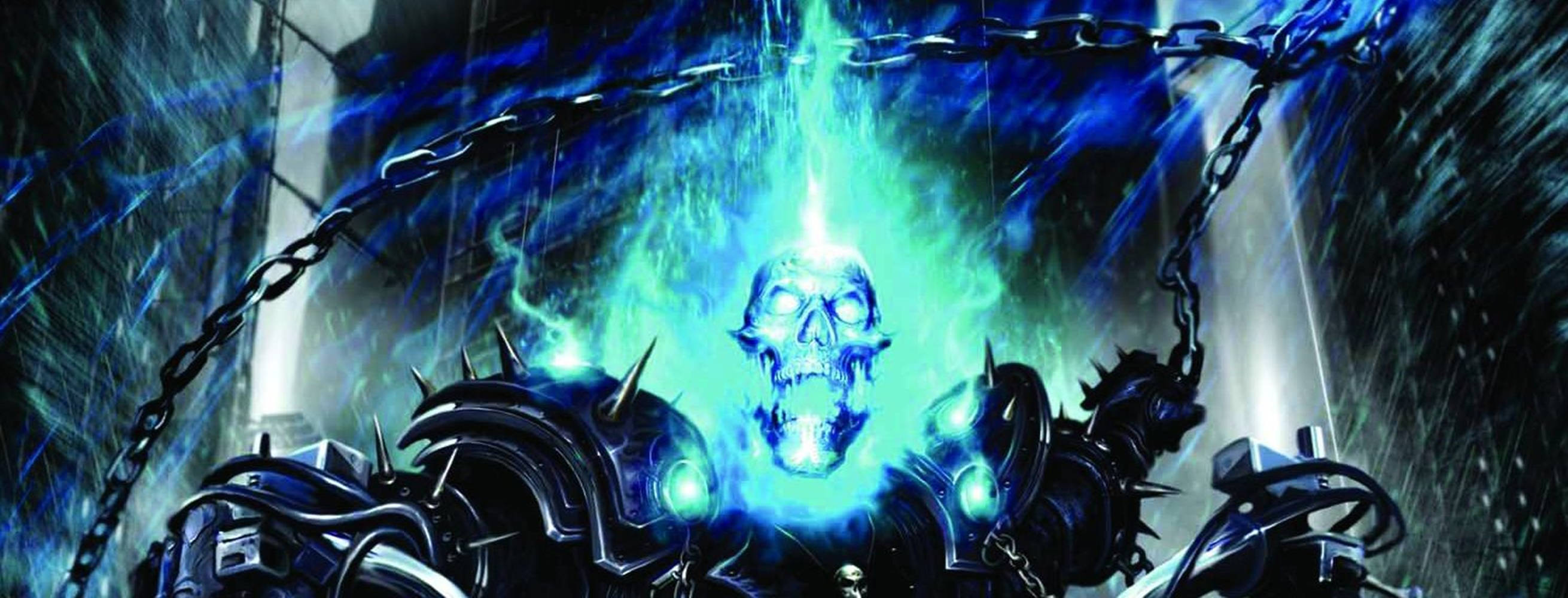 在暴風雨場景中，Ghost Rider 擁有發光的藍色頭骨和尖刺盔甲。 — 鬼 Rider 壁紙