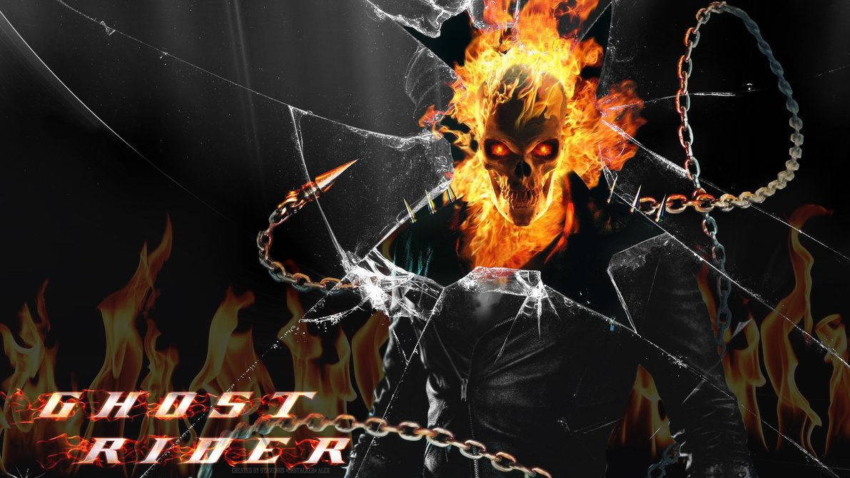 鬼 Rider 桌布 壁紙 — Ghost Rider 穿過破碎的玻璃出現，頭骨燃燒，手持鎖鏈，背景黑暗熾熱。