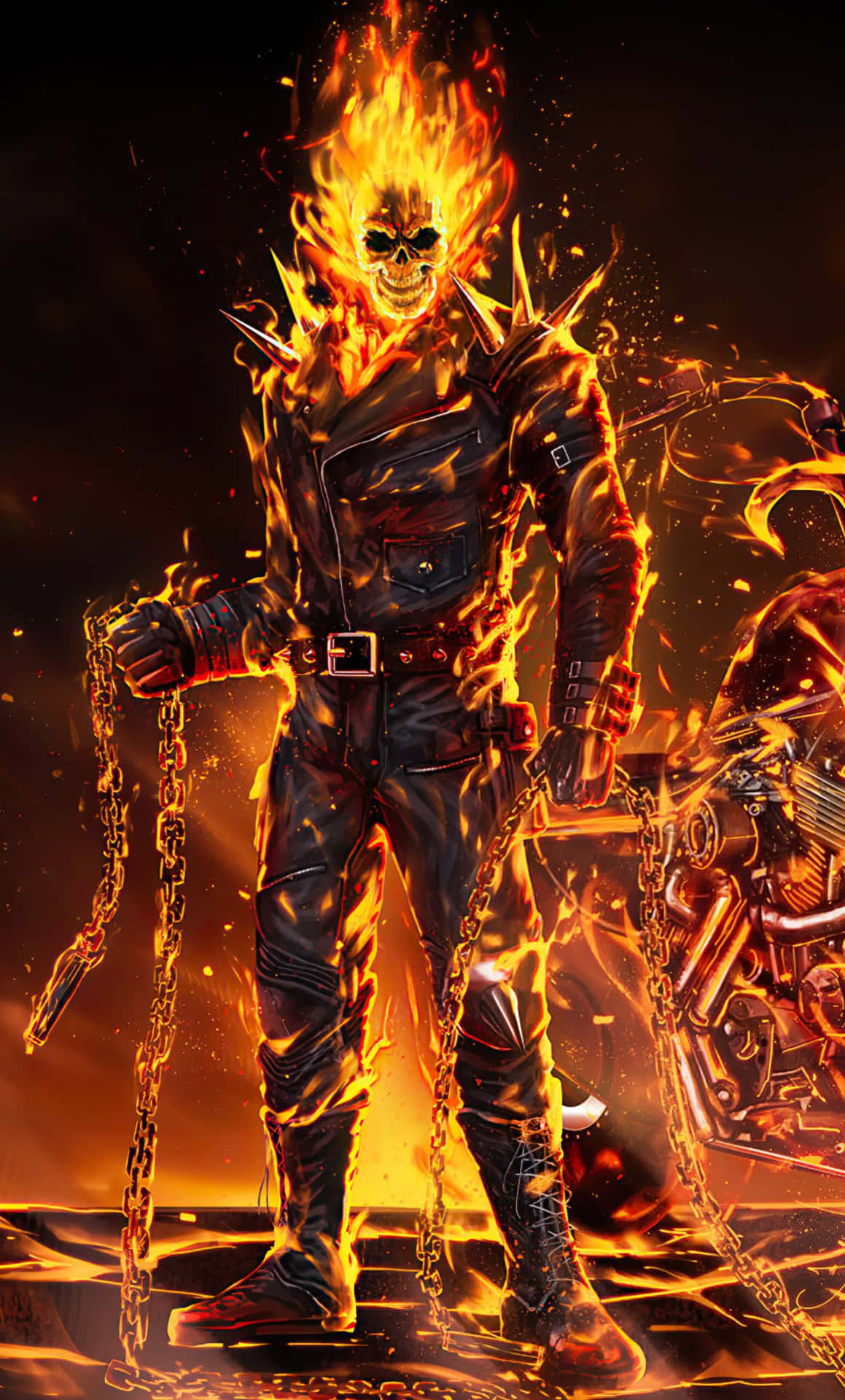 Ghost Rider 身處火焰中，手持鎖鏈，身後有機車。 — 鬼 Rider 壁紙