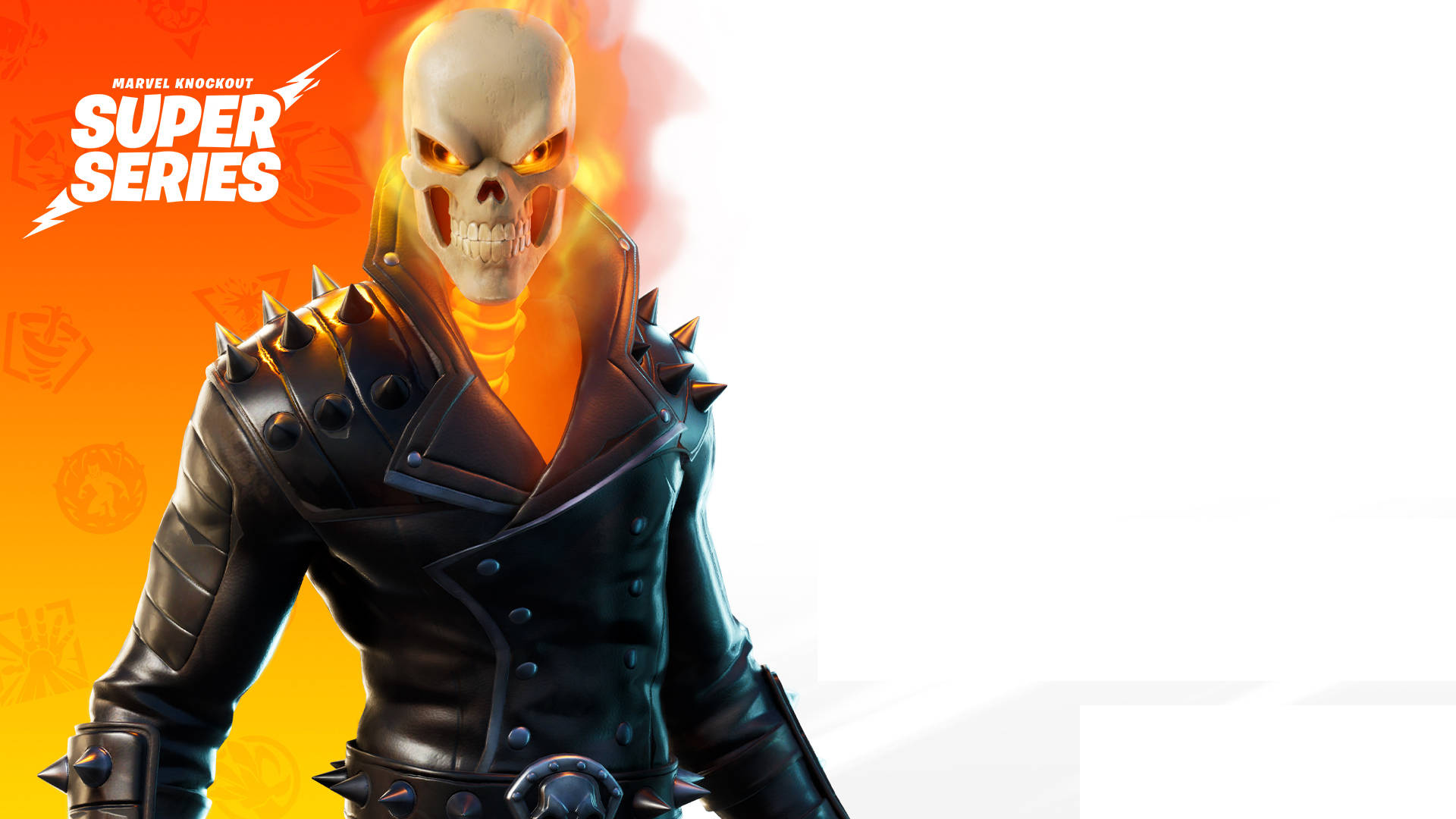 Fortnite Skins 桌布 壁紙 — Ghost Rider 身穿帶有尖刺的皮夾克，骷髏頭散發出熾熱的橙色光環，威風凜凜地站立。