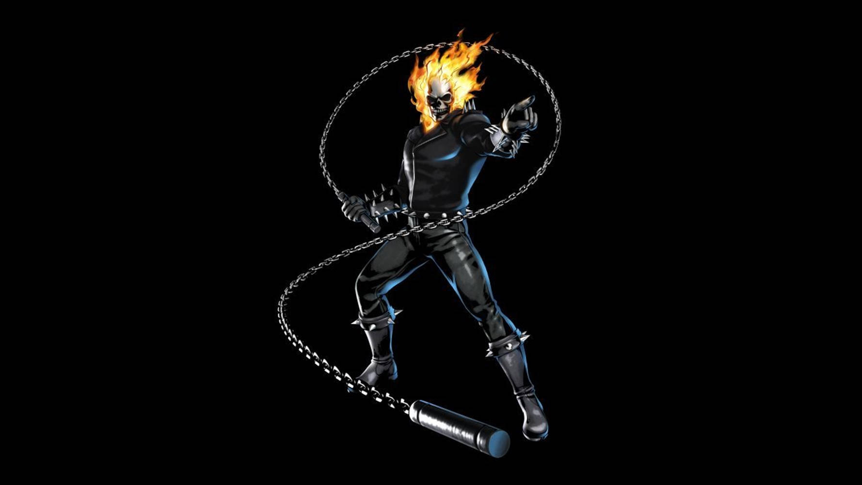 Ghost Rider 燃燒的骷髏頭和鎖鏈武器，黑色背景 — 鬼 Rider 壁紙