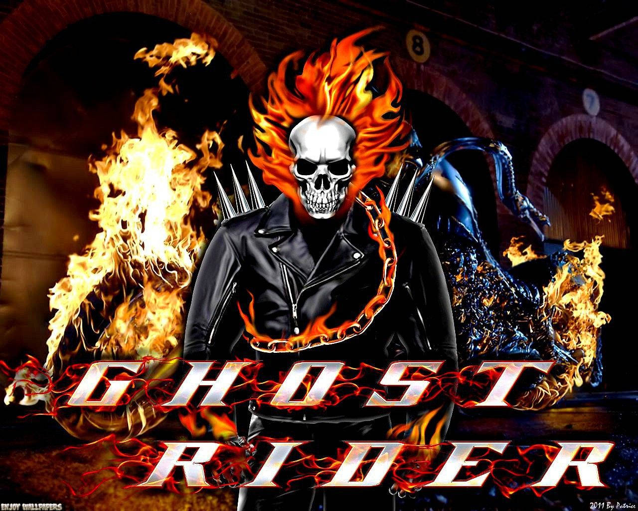 鬼 Rider 桌布 壁紙 — Ghost Rider 頭部燃燒，身穿皮夾克，站在黑暗磚拱門前，前面有一輛火焰機車。