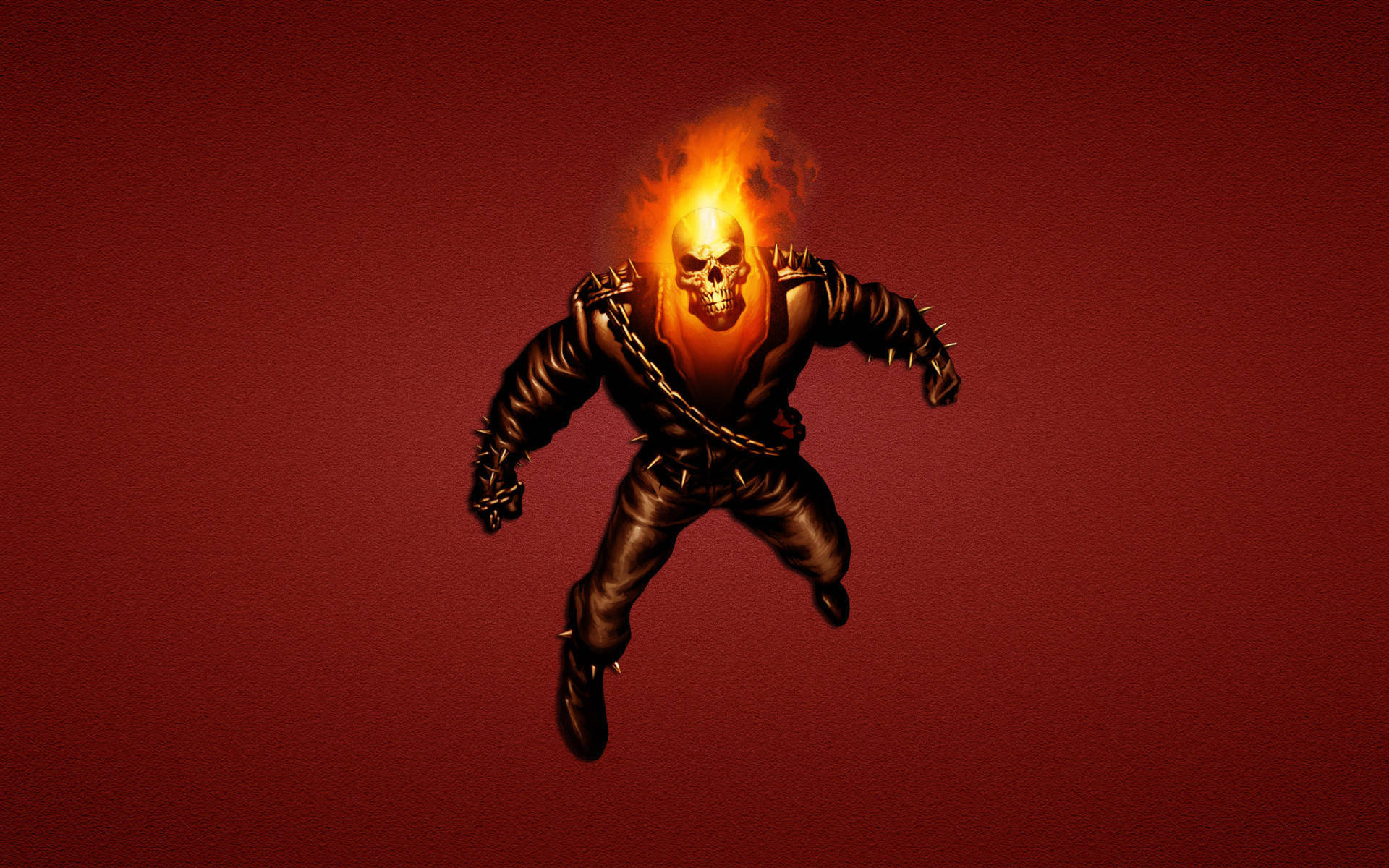 Red Skull 桌布 壁紙 — Ghost Rider 頭部燃燒的骷髏，身穿帶釘皮衣，在深紅色背景上跳躍。