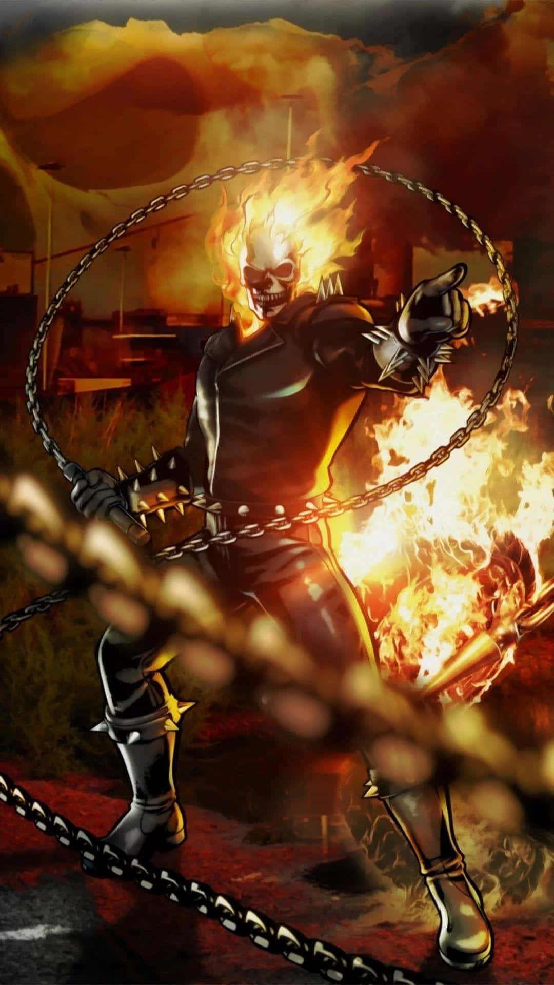  壁紙 — Ghost Rider 騎著一條火焰鎖鏈，穿過煙霧瀰漫的橙色天空下燃燒的城市廢墟。