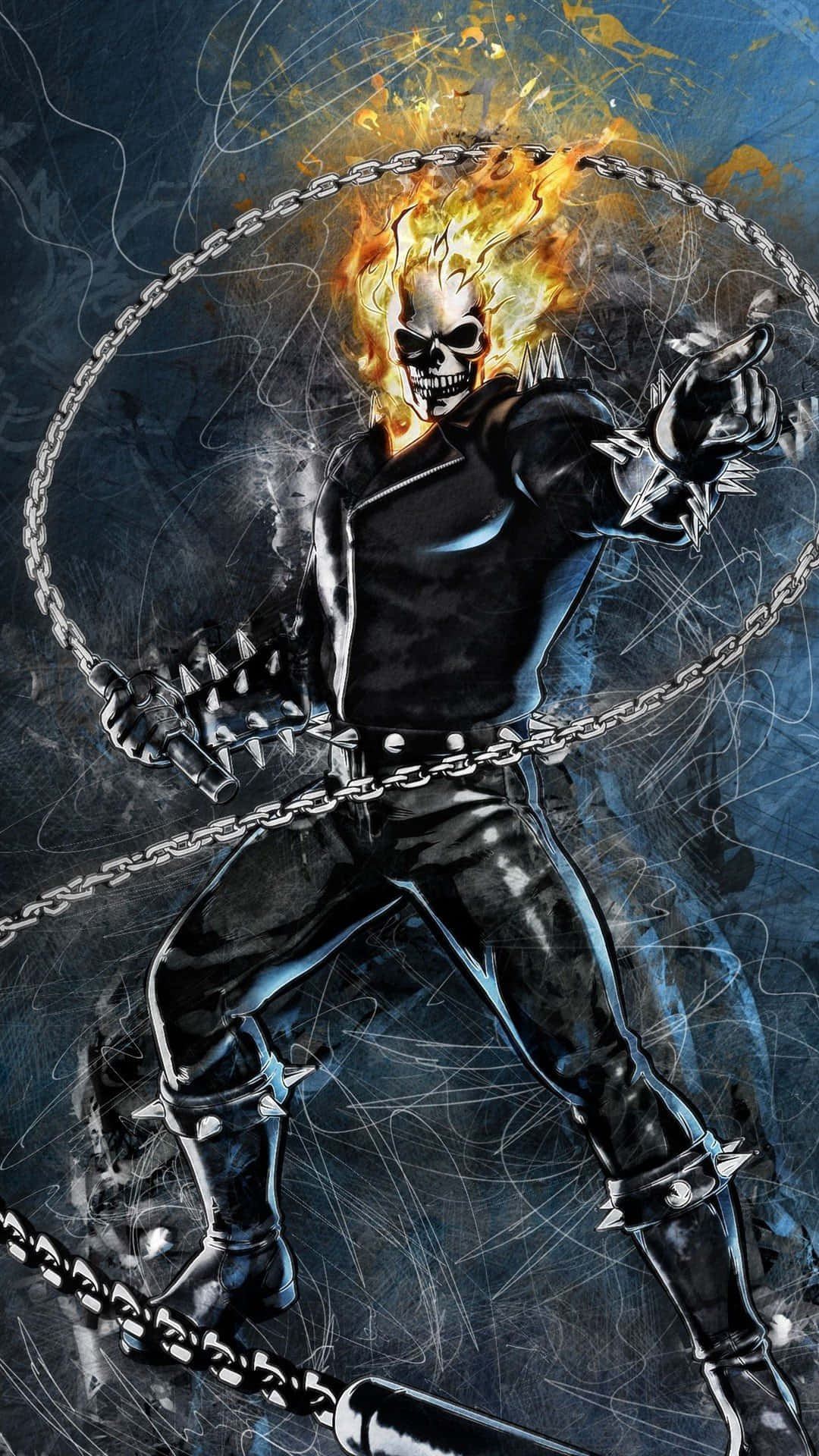  壁紙 — Ghost Rider 騎著一條火焰鏈條，以黑暗粗獷的漫畫風格呈現，帶有燃燒的頭骨和帶刺的皮革裝備。