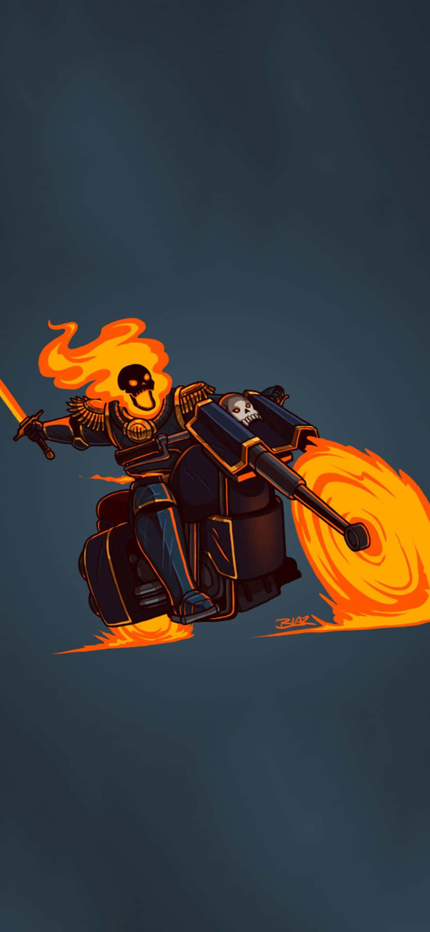 壁紙 — Ghost Rider 騎著一輛燃燒的機車，戴著骷髏頭盔，散發著火熱的橙色光環，背景是深藍色。
