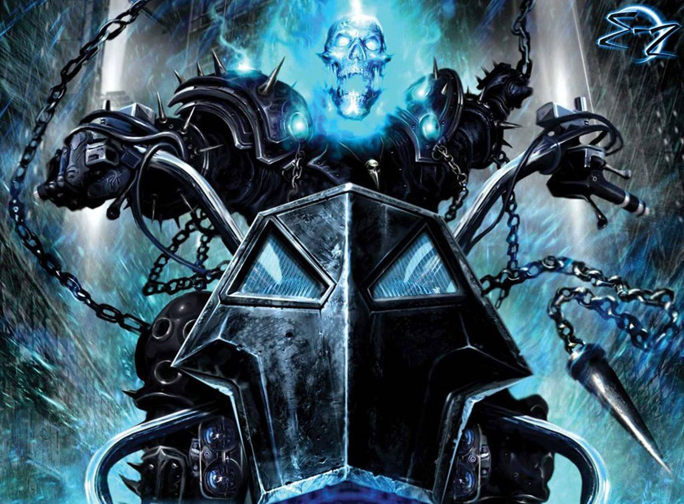 Ghost Rider 在火焰機車上，帶有發光骷髏頭和鎖鏈。 — 鬼 Rider 壁紙