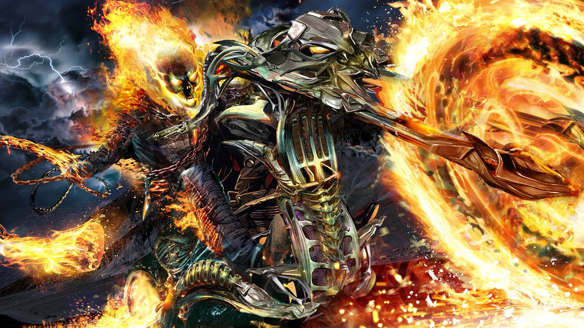 鬼 Rider 桌布 壁紙 — Ghost Rider 騎著一輛燃燒的機車，穿過雷電和火焰環繞的暴風雨天空。