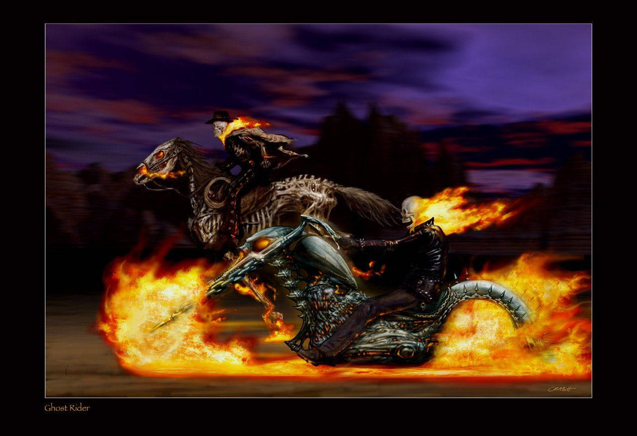鬼 Rider 桌布 壁紙 — Ghost Rider 騎著一輛燃燒的骷髏摩托車穿過火熱的黃昏，身後拖著一匹骷髏馬。
