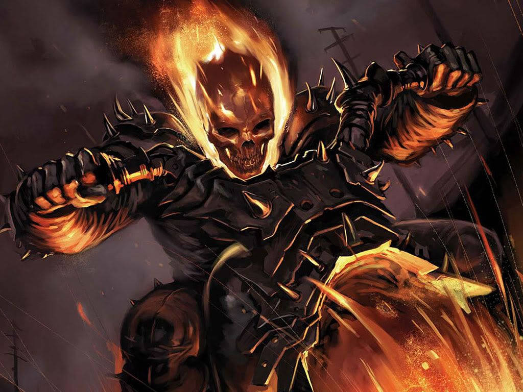 鬼 Rider 桌布 壁紙 — Ghost Rider 騎著一輛燃燒的摩托車，頭顱骷髏，身穿尖刺盔甲，背景是黑暗風暴。