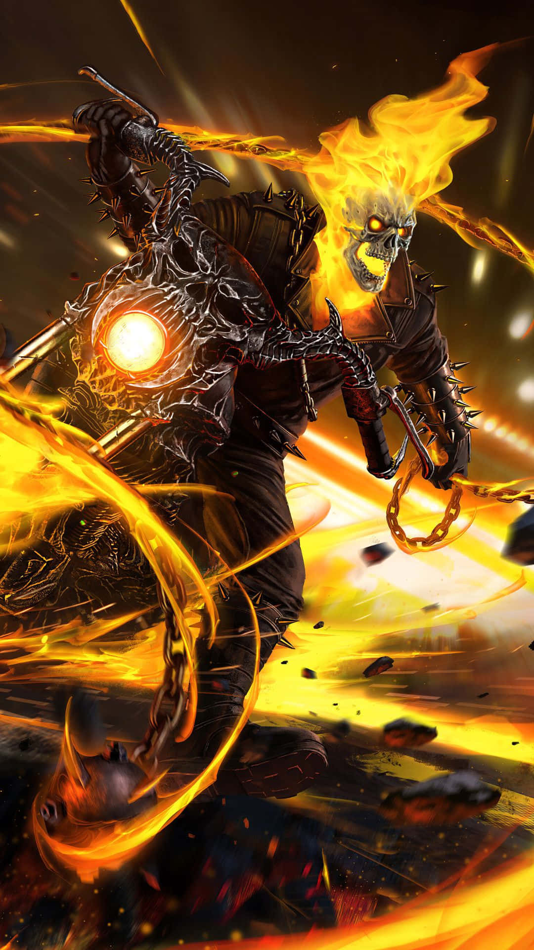  壁紙 — Ghost Rider 騎著一輛帶有骷髏頭和鎖鏈的火焰摩托車，在橙色和黃色光的火焰爆炸中。