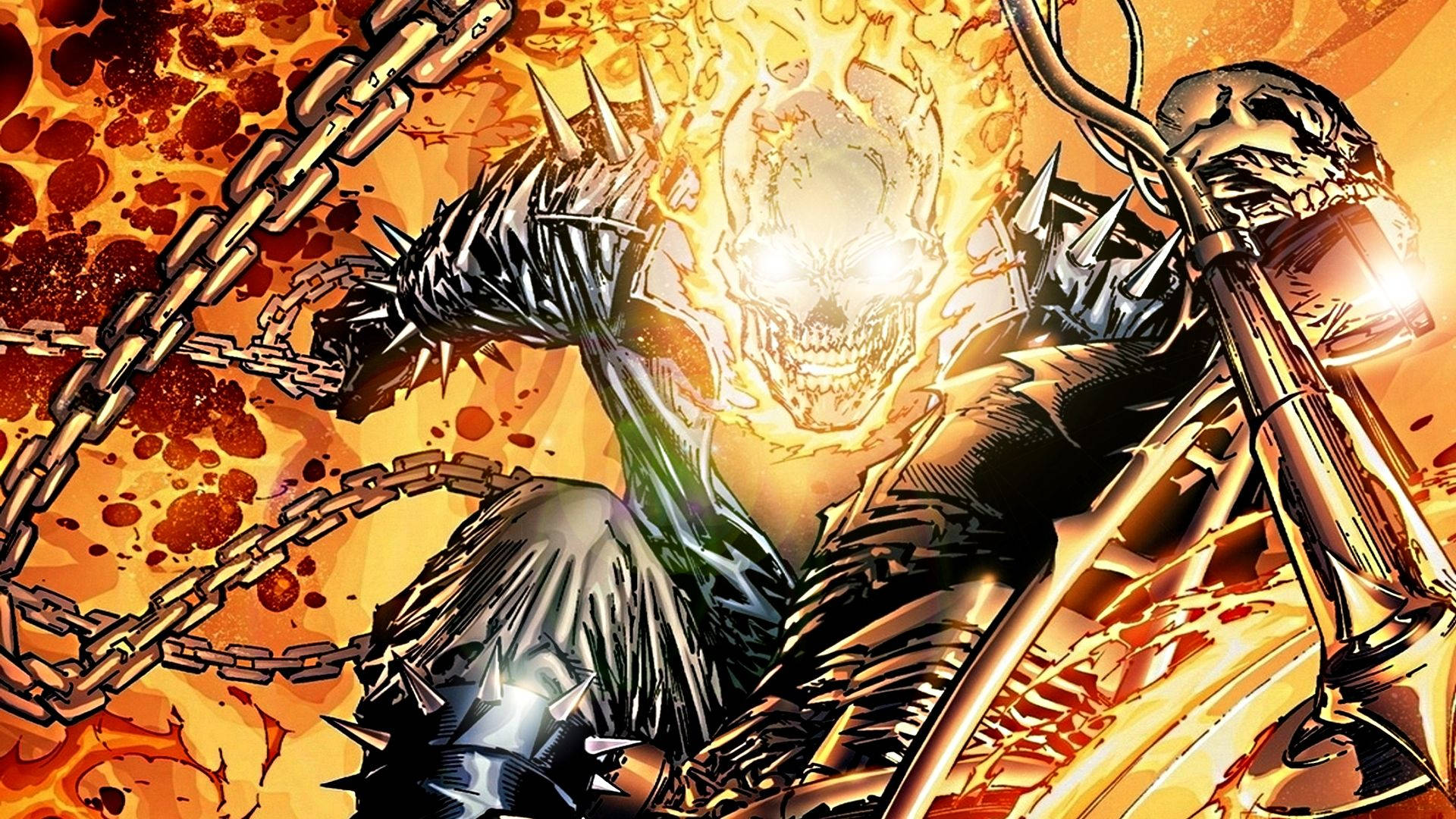 鬼 Rider 桌布 壁紙 — Ghost Rider 騎著一輛帶有骷髏頭和尖刺鏈條的火焰摩托車，背景是火熱的橙色。