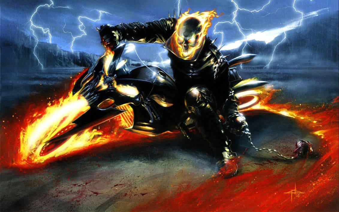 鬼 Rider 桌布 壁紙 — Ghost Rider 騎著一輛燃燒的摩托車穿過暴風雨的夜晚，頭頂閃電劈啪作響。
