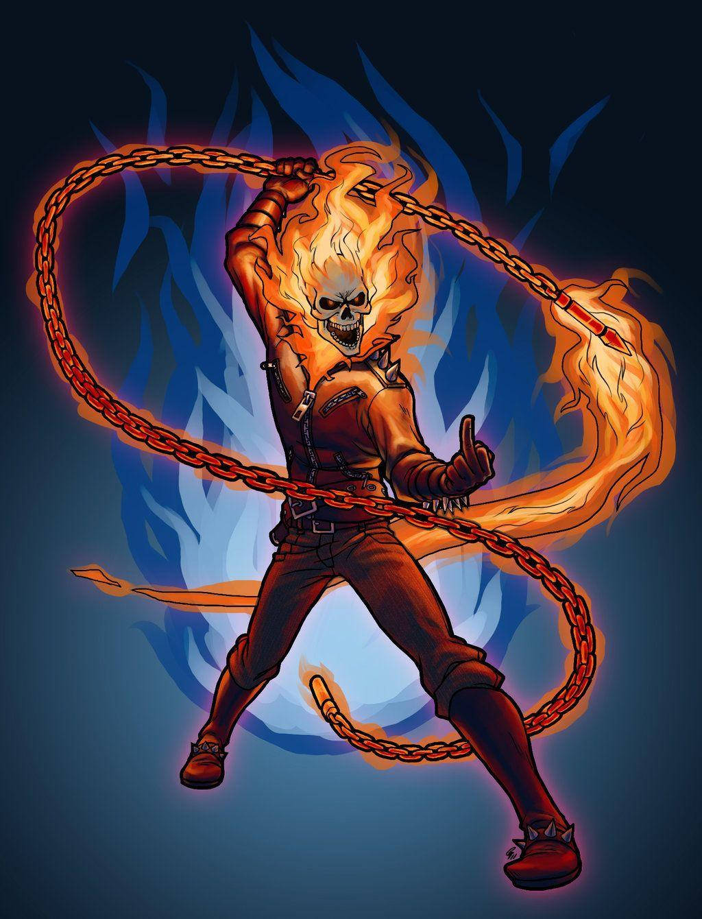 Ghost Rider 揮舞火焰鏈條，背景為深藍色火焰。 — 鬼 Rider 壁紙