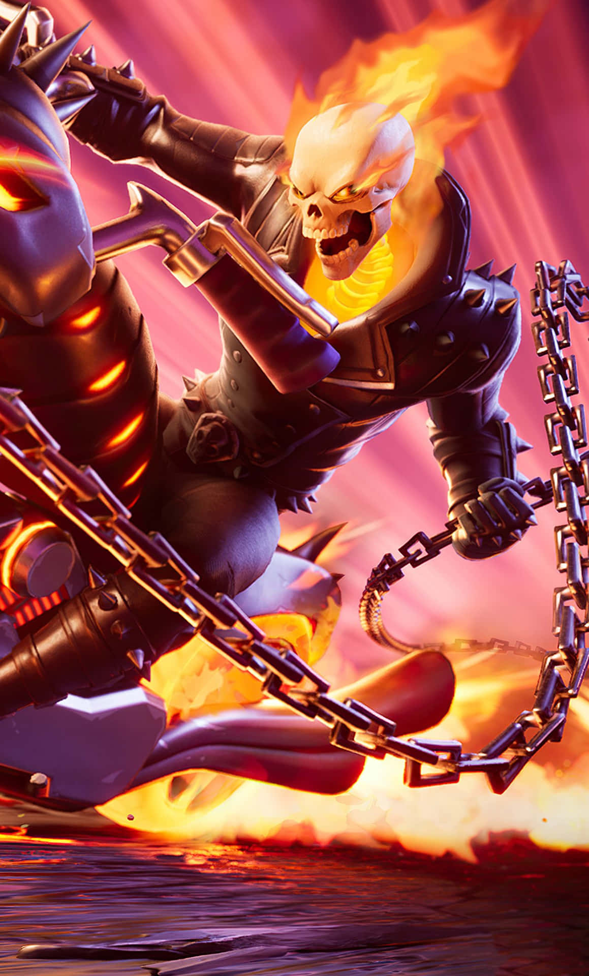  壁紙 — Ghost Rider 騎著火焰摩托車穿過地獄之火，帶著鎖鏈和發光的骷髏頭盔。