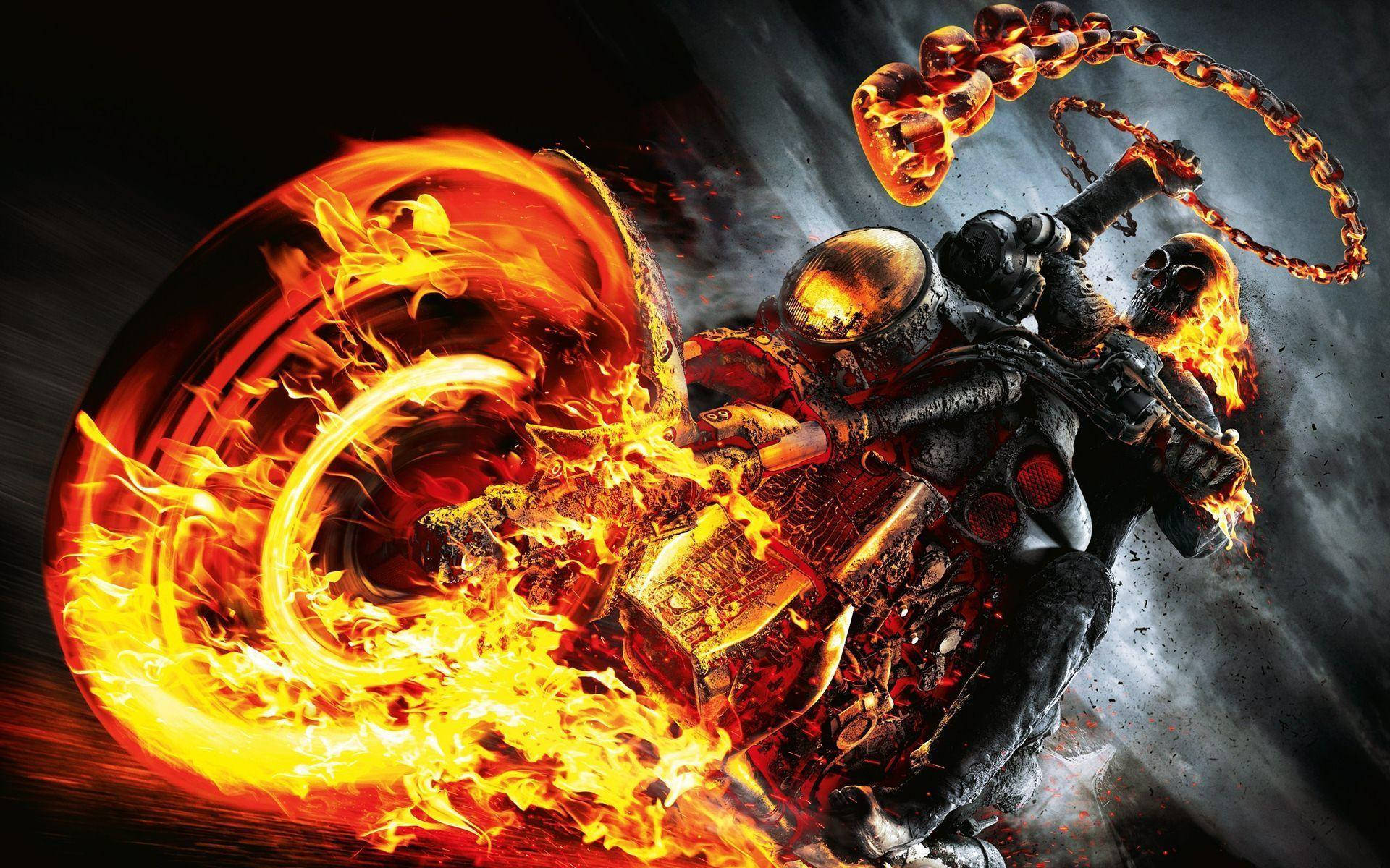 鬼 Rider 桌布 壁紙 — Ghost Rider 騎著火焰摩托車穿過黑暗暴風雨的天空，揮舞著火鏈。