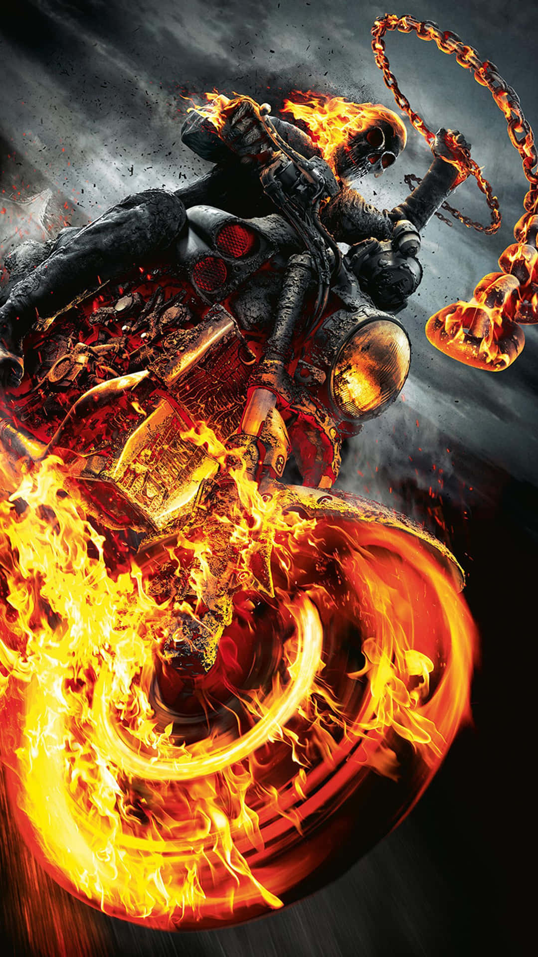 Ghost Rider 在火焰機車上，手持火鏈於暴風雨中 — 鬼 Rider 壁紙