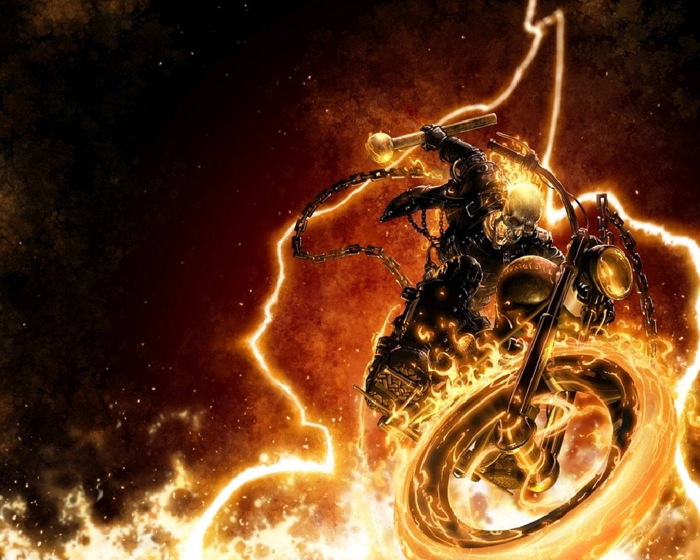 鬼 Rider 桌布 壁紙 — Ghost Rider 騎著火焰摩托車穿過暴風雨的天空，伴隨著噼啪作響的閃電和熾熱的橙色光芒。