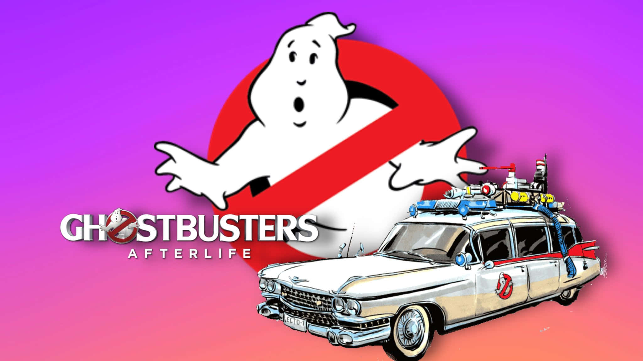 魔鬼剋星 桌布 壁紙 — Ghostbusters Afterlife 標誌，帶有標誌性鬼魂和 Ecto 1 汽車，背景為充滿活力的紫粉漸層色。