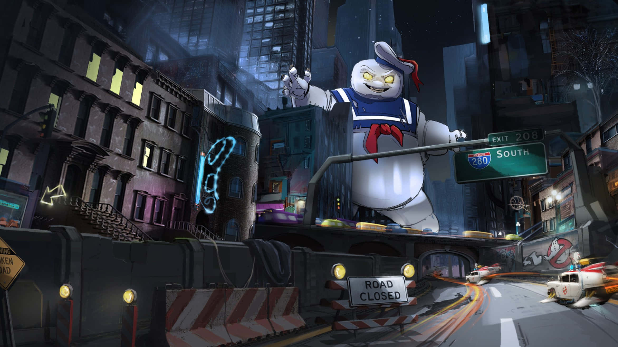 魔鬼剋星 桌布 壁紙 — Ghostbusters Stay Puft Marshmallow Man 在夜晚的霓虹燈城市高速公路上方出現，發光的眼睛和下方有個道路封閉標誌。