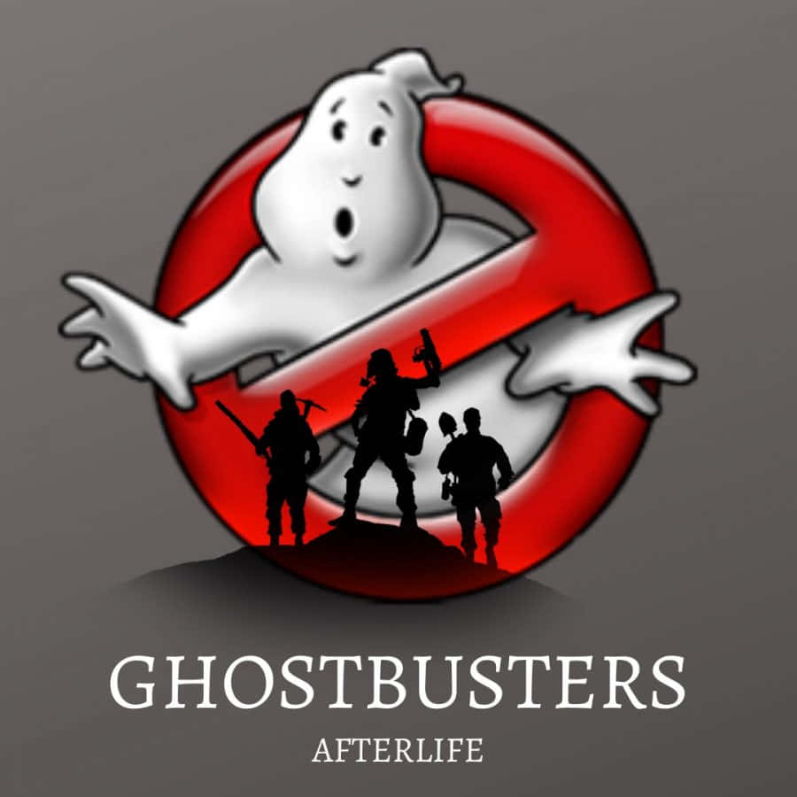 魔鬼剋星 桌布 壁紙 — Ghostbusters 標誌，紅色圓圈內有白色鬼魂剪影，下方有三名團隊成員的黑色剪影。
