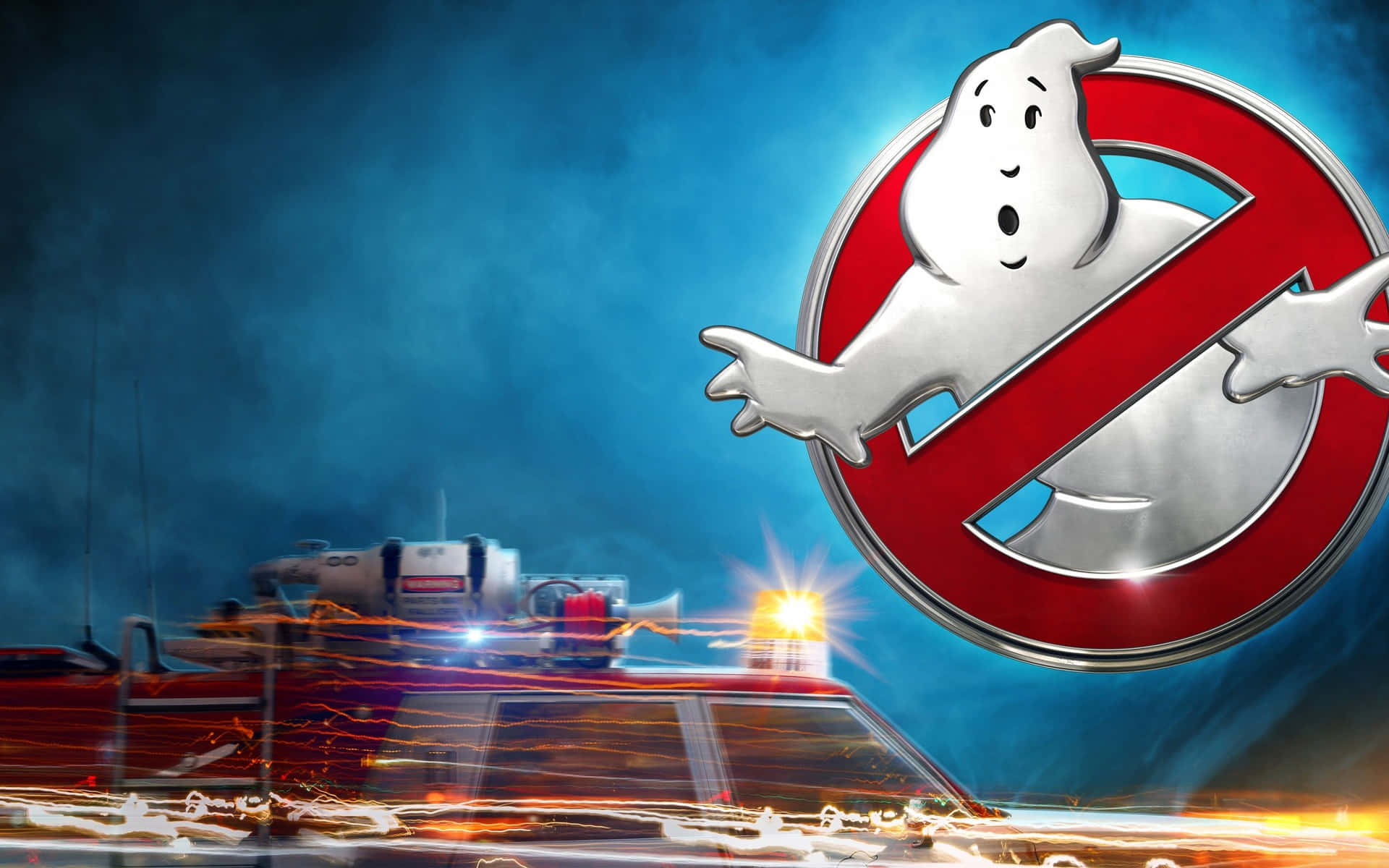 Ghostbusters 標誌與 Ecto-1 汽車在暴風雨之夜發光。 — 鬼魂 GIF 壁紙