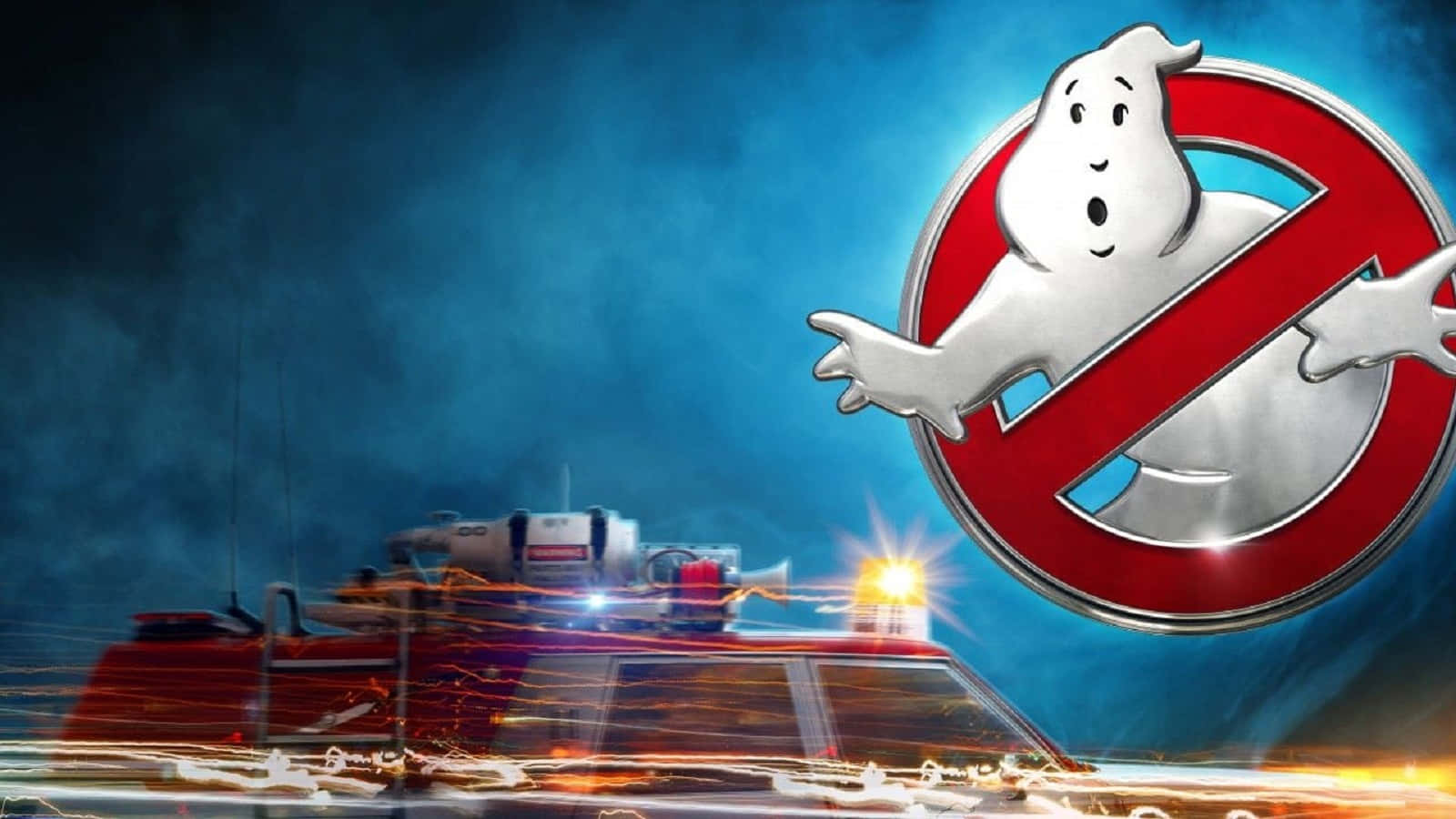 魔鬼剋星 桌布 壁紙 — Ghostbusters 標誌漂浮在紅色 Ecto-1 上方，帶有閃爍燈光，背景是暴風雨的藍色夜空。
