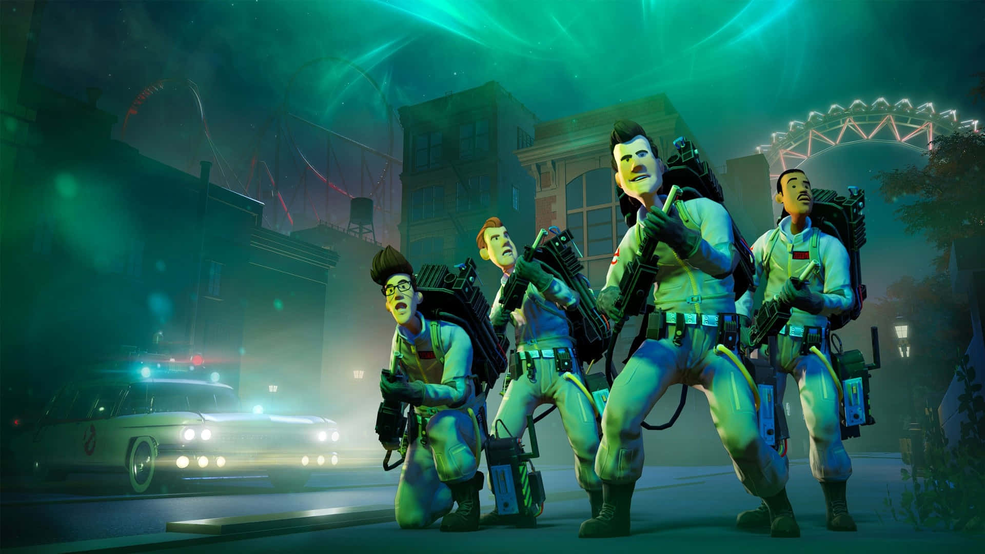魔鬼剋星 桌布 壁紙 — Ghostbusters 身穿標誌性裝備，在夜晚霓虹燈閃爍的城市街道上準備就緒，身後是他們的 Ecto-1。
