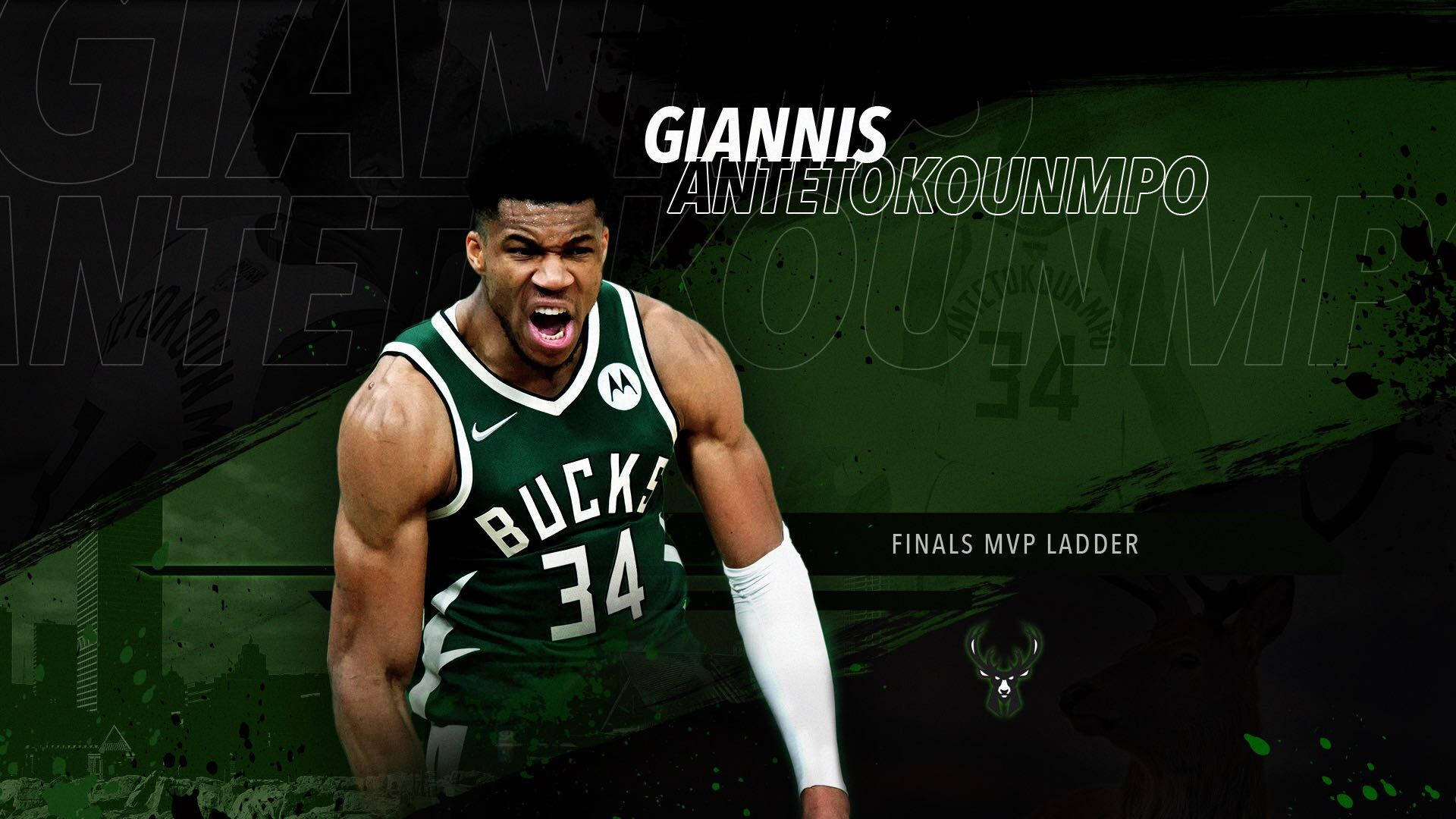 Giannis Antetokounmpo 身穿綠色 Bucks 球衣咆哮，帶有 Finals MVP Ladder 文字。 — NBA 壁紙