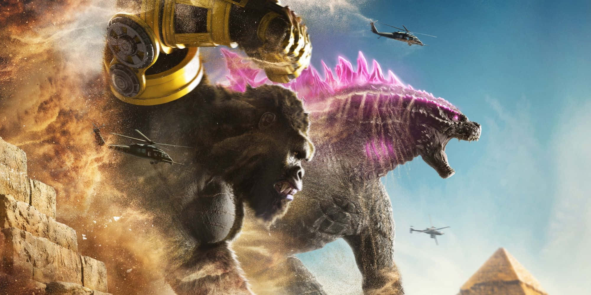 Godzilla X Kong The New Empire 桌布 壁紙 — 巨型猿猴與發光粉紅色哥斯拉在古老金字塔之間衝突，直升機飛過灰塵和煙霧。
