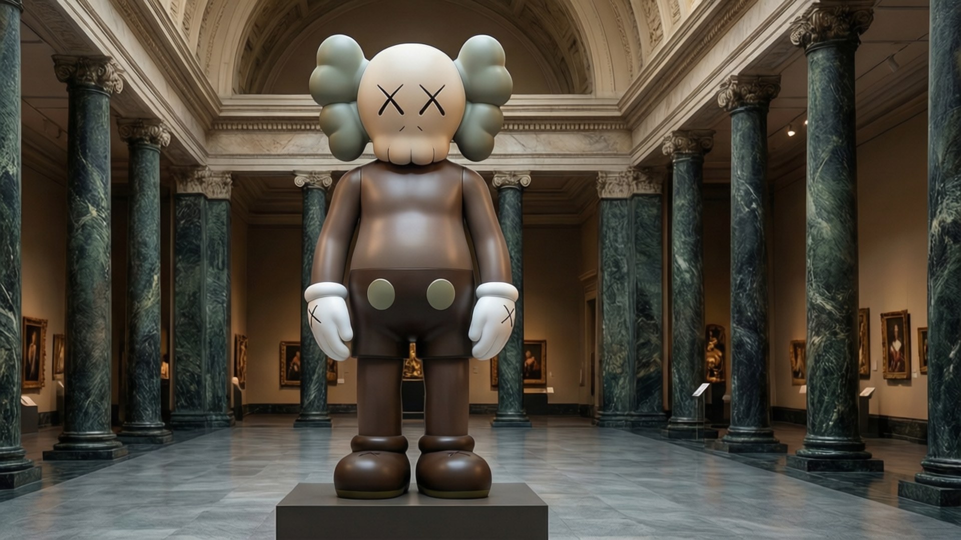 Museum Companion 壁紙 — 一個巨大的棕色KAWS雕塑，帶有X形眼睛和雲朵狀耳朵，矗立在大理石柱的宏偉博物館大廳的基座上。