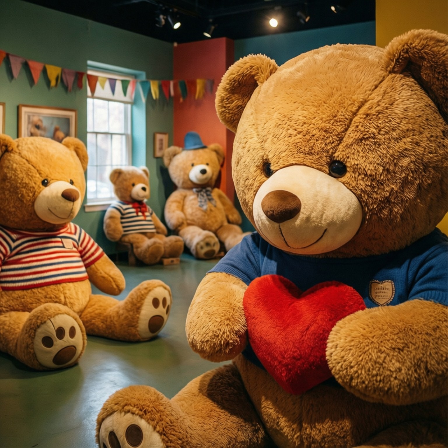 Teddy Bear Museum Fun 壁紙 — 一隻穿著藍色襯衫的巨大棕色泰迪熊抱著一顆紅心，而其他穿著色彩繽紛服裝的泰迪熊則坐在附近的節日房間裡。