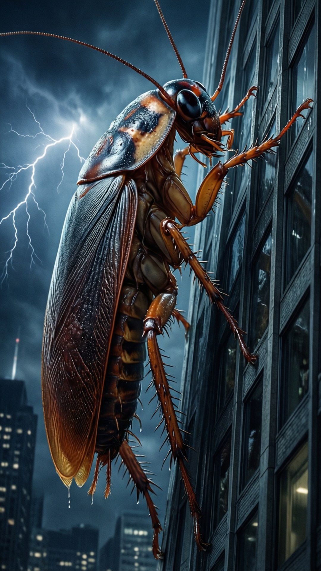 Bug Alien Attack 壁紙 — 一隻巨型蟑螂緊貼摩天大樓外牆，暴風雨的天空下，閃電照亮其精細的外骨骼。