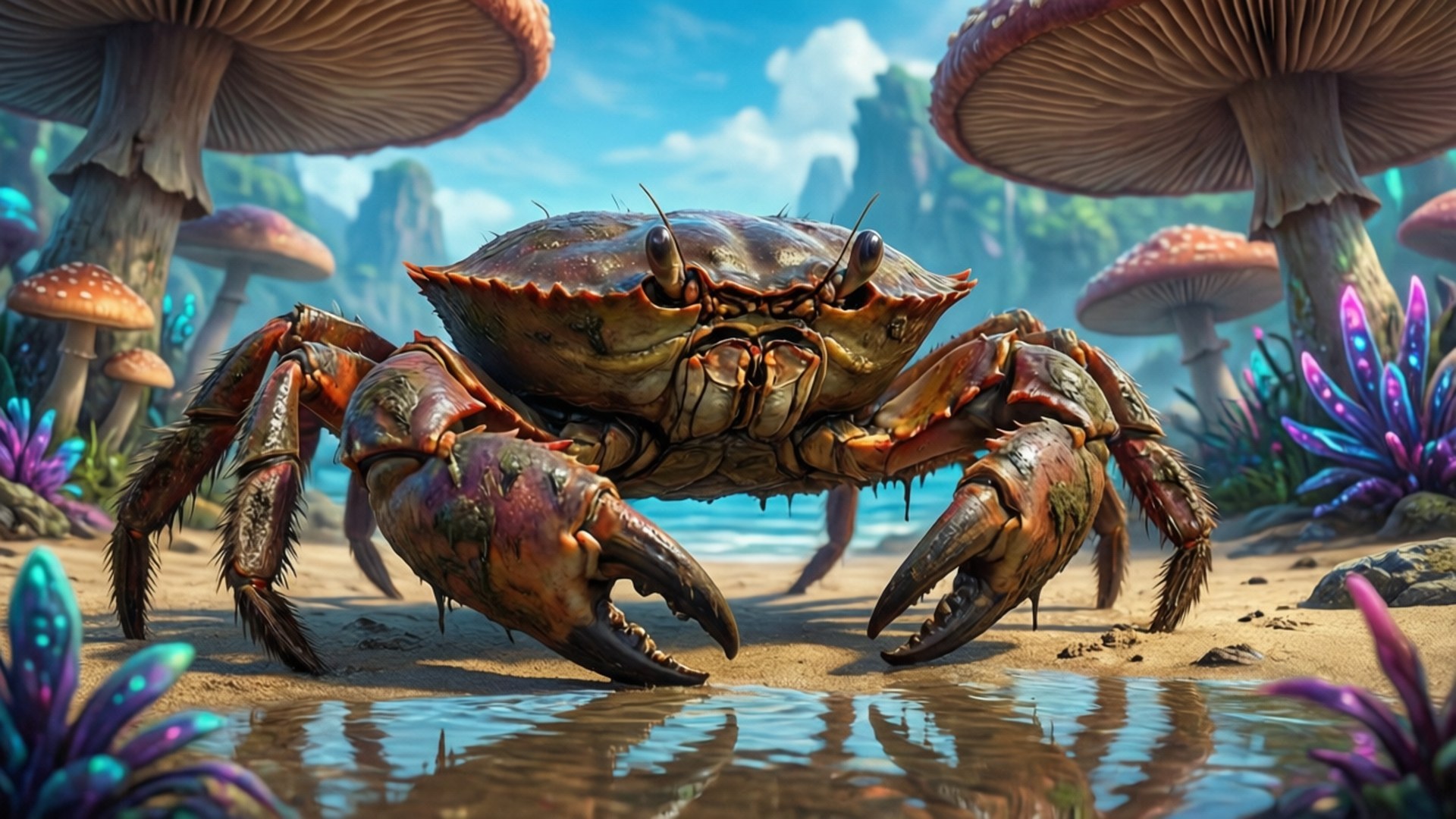 Morrowind Mudcrab 壁紙 — 一隻擁有紋理外殼和鋒利爪子的巨型螃蟹站在沙灘上，旁邊是發光的紫色植物，下方是巨型蘑菇。