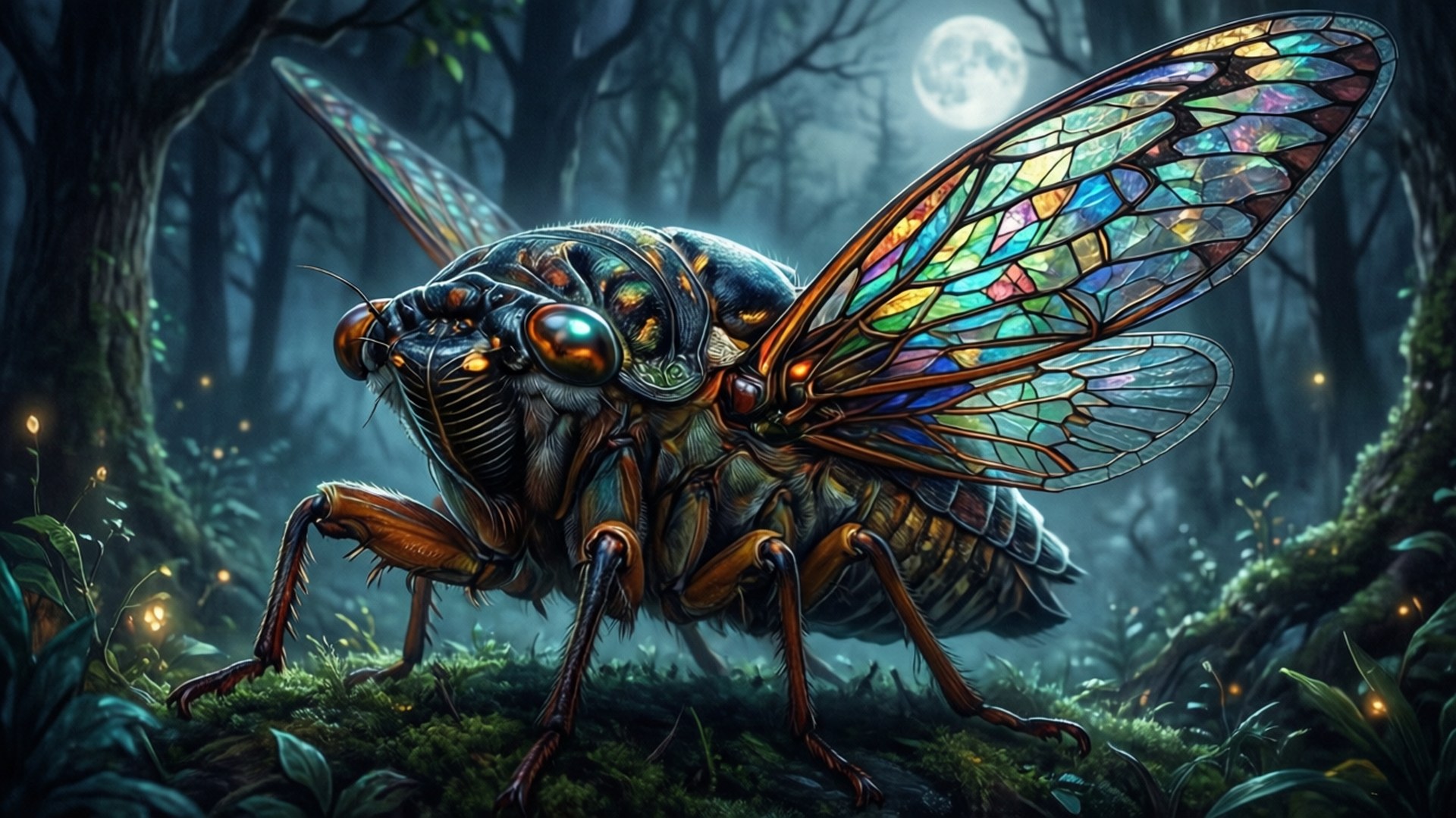 Mythical Stained Glass Cicada 壁紙 — 一隻擁有彩繪玻璃翅膀的巨大奇幻蟬，站在月光籠罩、螢火蟲閃爍的迷霧森林中。
