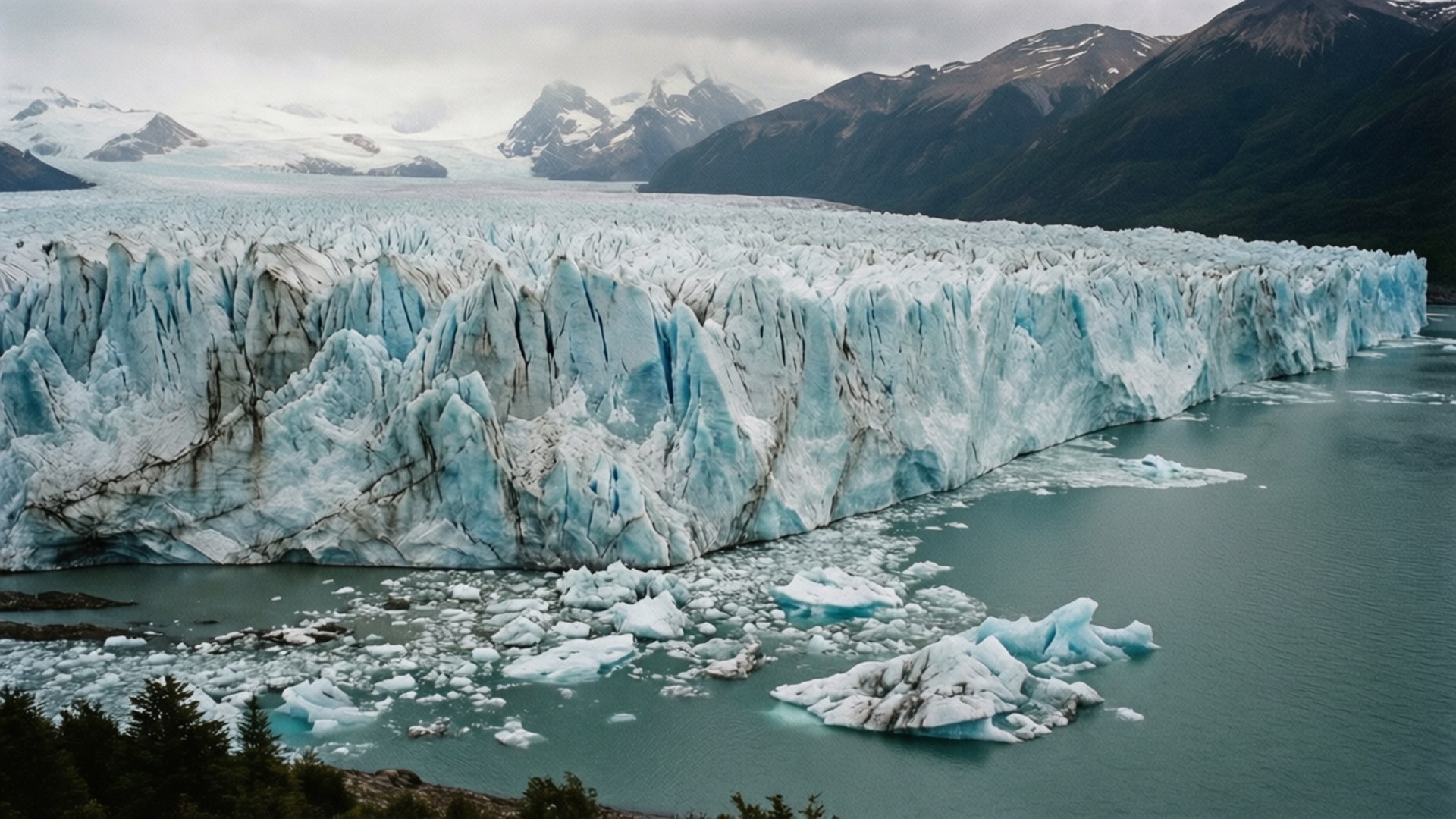 Grey Glacier Ice 壁紙 — 一座巨大的冰川，帶有鋸齒狀的藍色冰壁，與一個點綴著浮冰的藍綠色湖泊相遇，天空多雲。