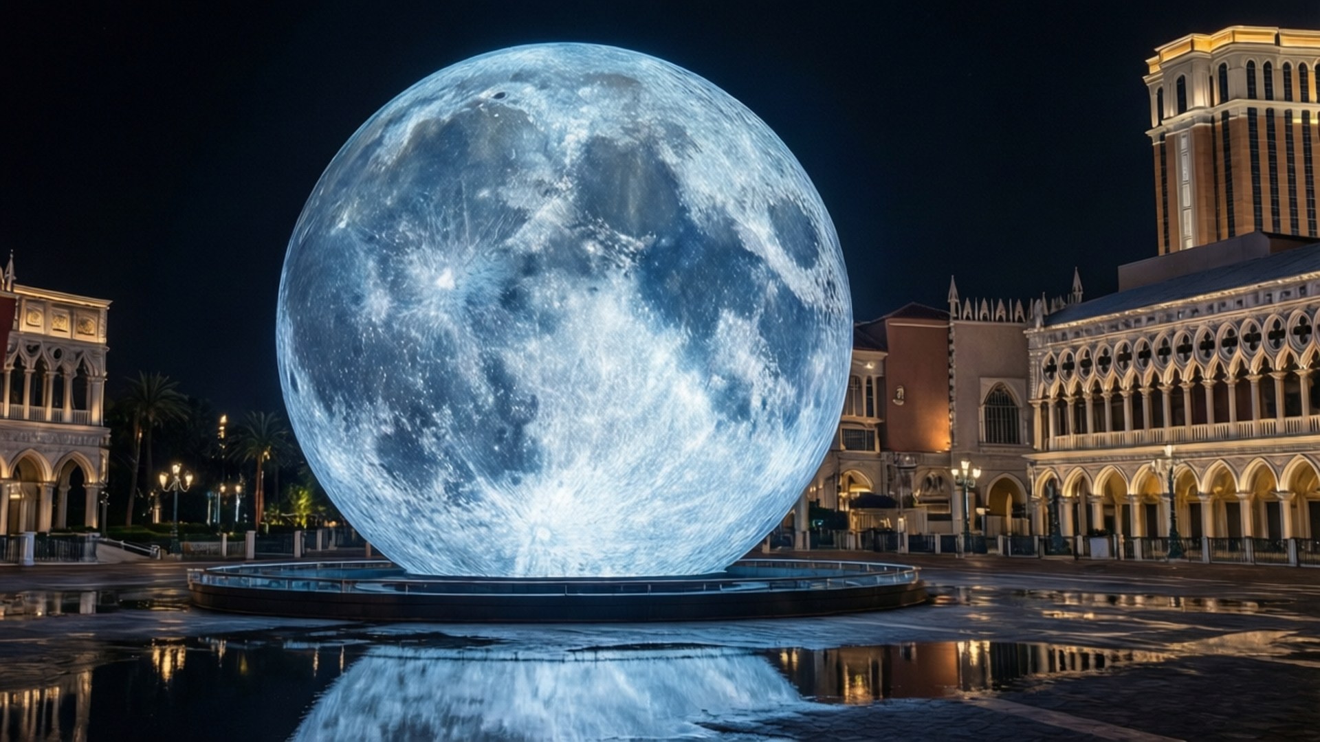 Sphere Moon Display 壁紙 — 一個巨大的發光藍色月亮雕塑主宰著夜晚濕漉漉的廣場，倒映在水中，周圍是燈火通明的威尼斯風格建築。