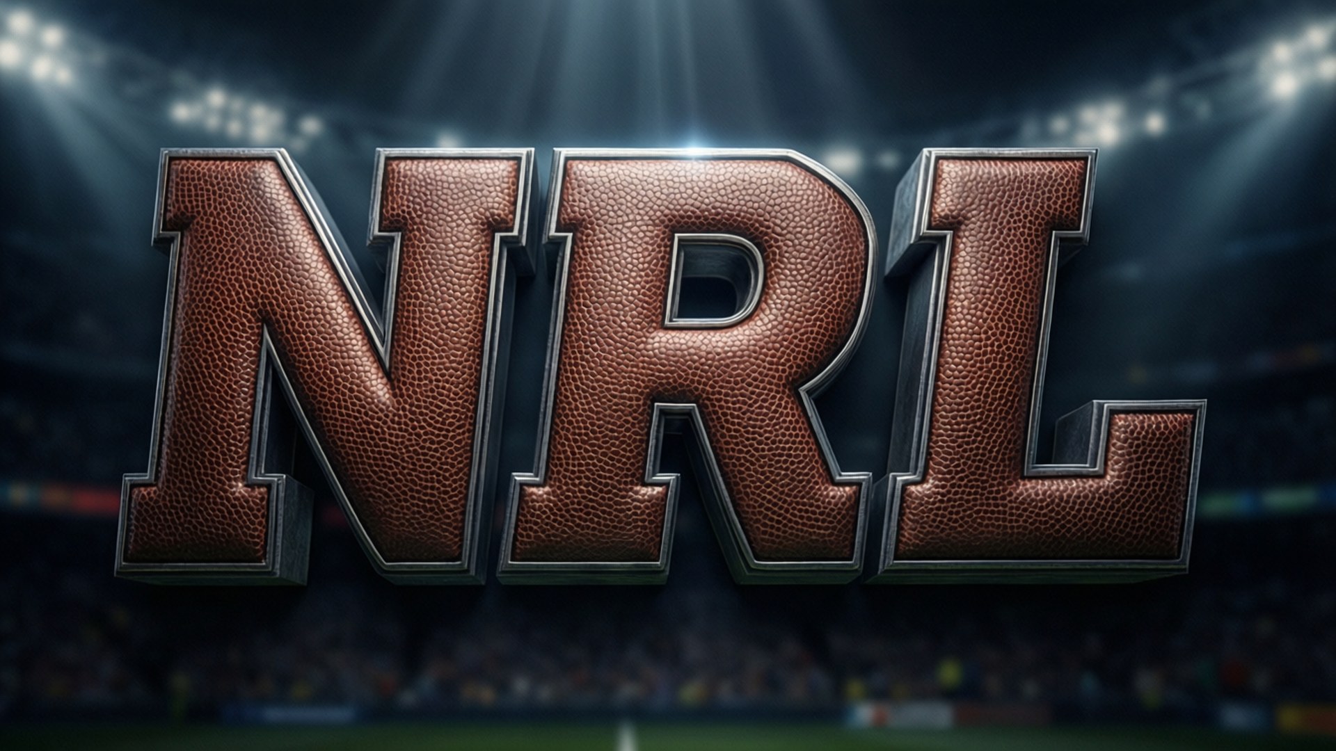 NRL 3D Logo 壁紙 — 巨型皮革質感的NRL字母在球場燈光下發光，背景是模糊的人群。