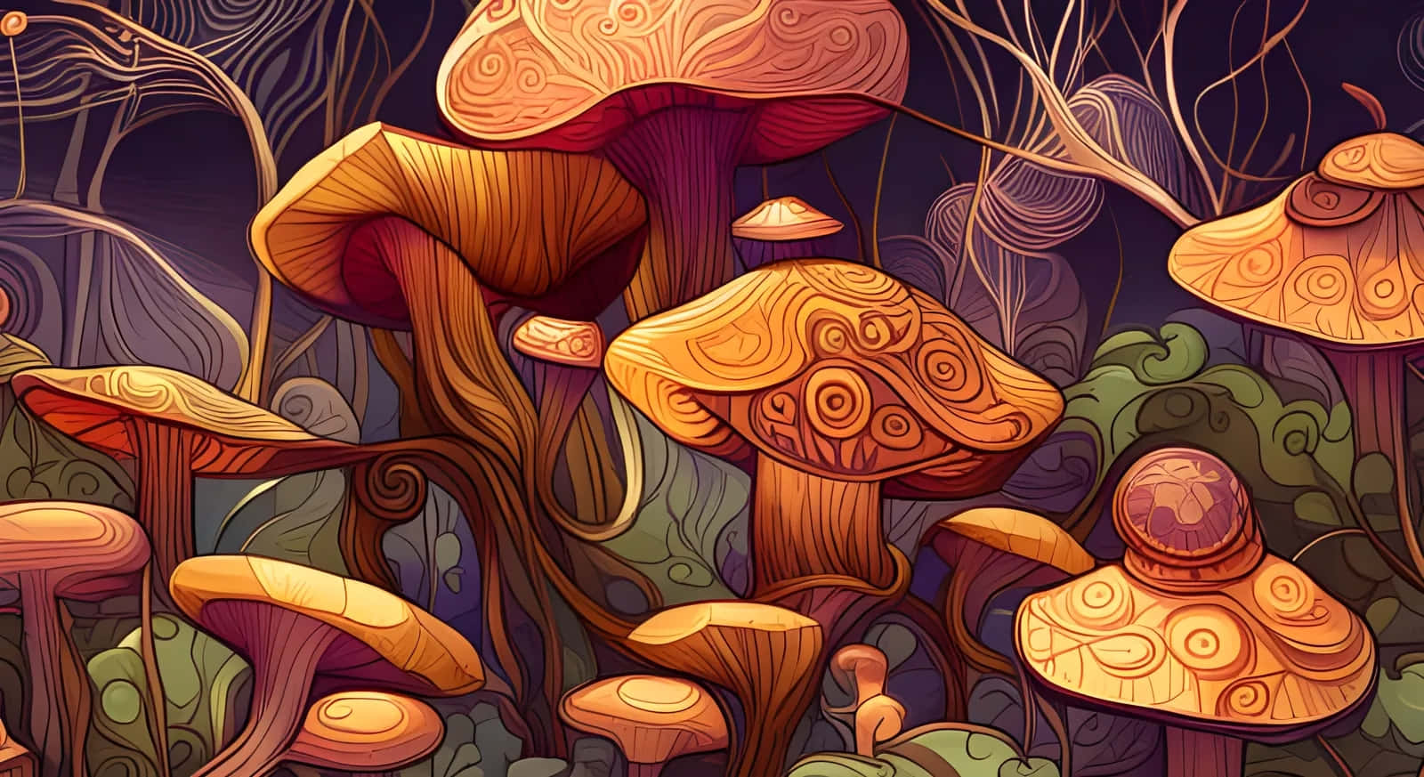  壁紙 — 巨大華麗蘑菇帶有漩渦圖案，在扭曲藤蔓下的黑暗魔法森林中溫暖發光。