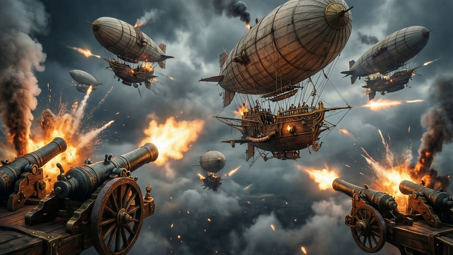 Zeppelin Battle 壁紙 — 巨型飛船在熾熱爆炸中戰鬥，大炮在下方發射，構成戲劇性的蒸氣龐克天空。