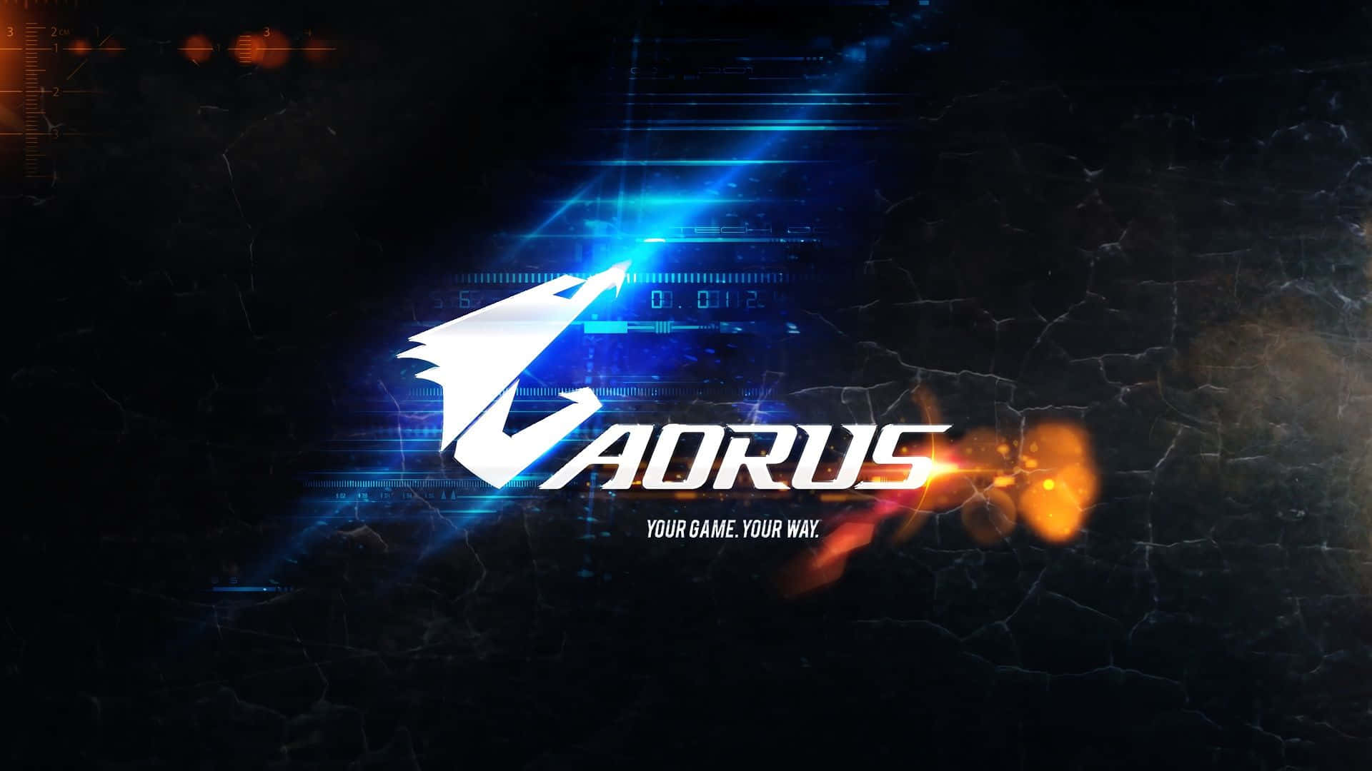 AMD 桌布 壁紙 — Gigabyte Aorus 標誌在破裂的數位黑暗背景上發出電藍色和火橙色的光芒。