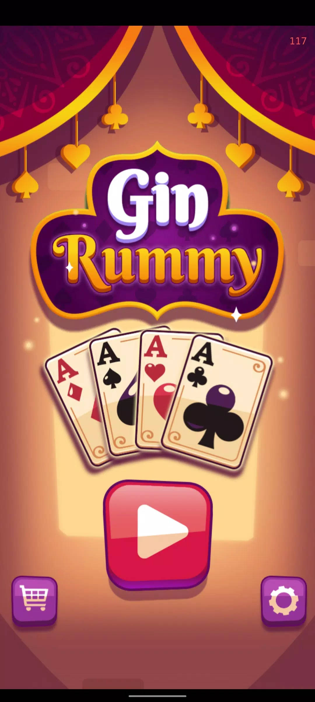 手機 桌布 壁紙 — Gin Rummy 遊戲標題畫面，華麗的紫色金色窗簾下有四張A和遊戲按鈕。
