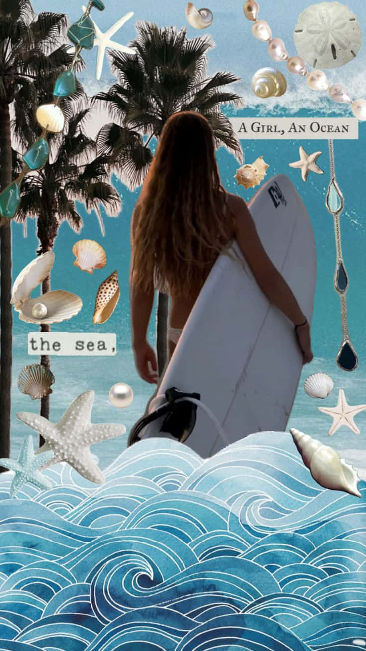  壁紙 — 一個長髮女孩拿著衝浪板，面向在棕櫚樹下漂浮著貝殼和海星的碧綠海浪。