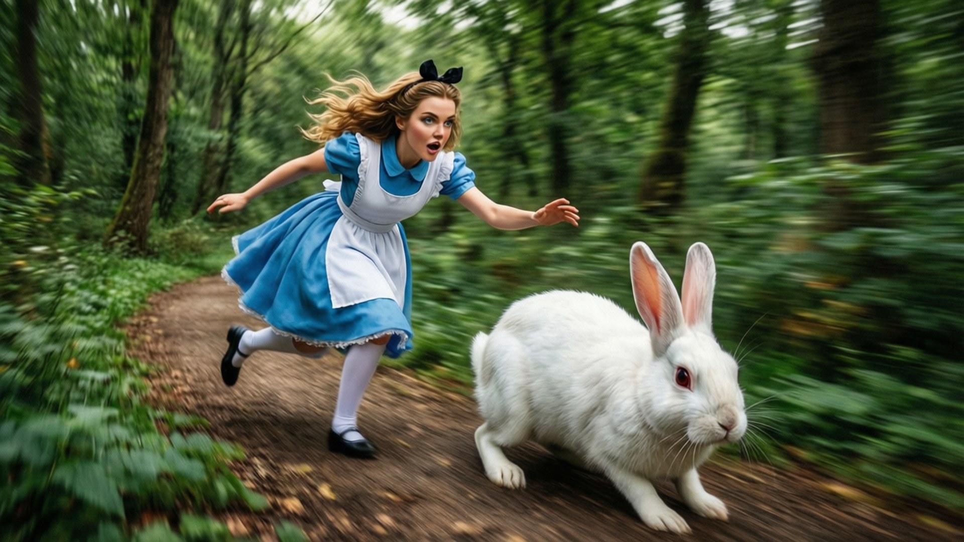 Chasing the Rabbit 壁紙 — 一個穿著藍色連衣裙的女孩在森林小徑上追著一隻白兔，帶有動態模糊效果。