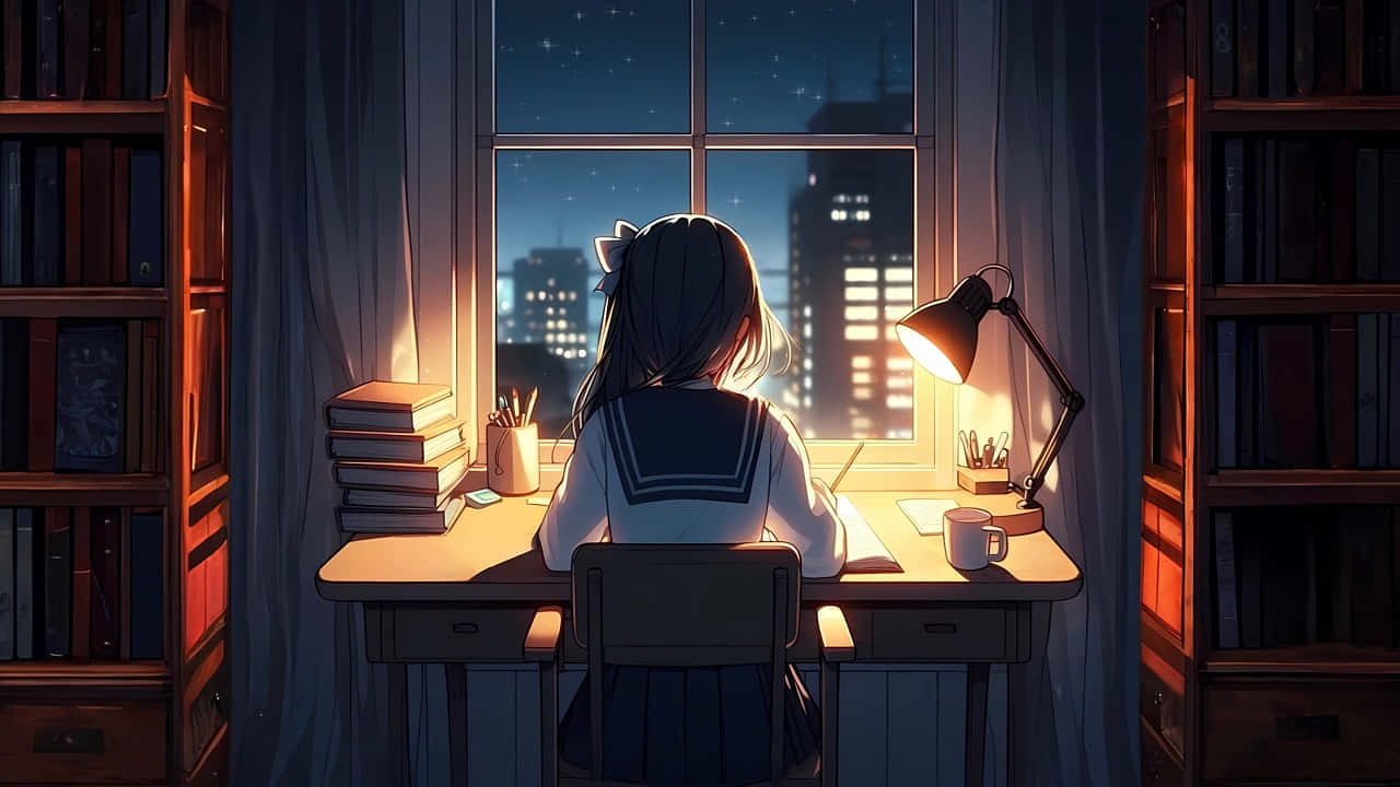  壁紙 — 一個穿著校服的女孩在木書桌前，靠著窗戶學習，窗外是繁星點點的城市夜景。