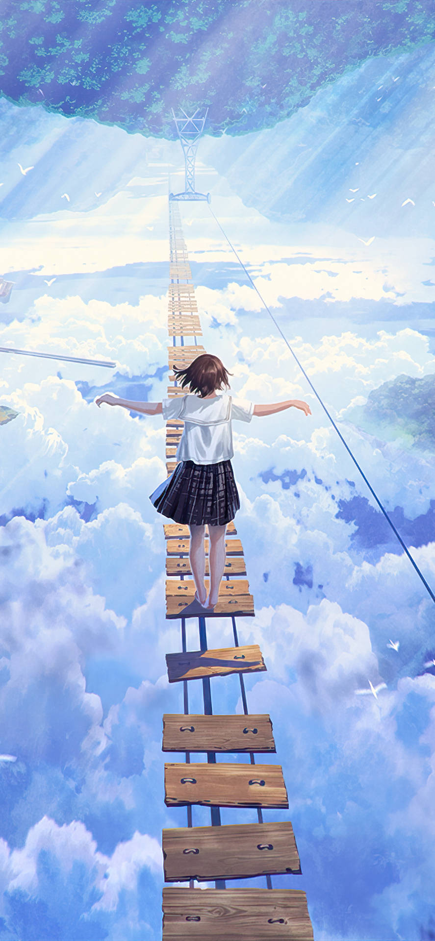 穿著校服的女孩在雲中木橋上行走，走向塔樓。 — 日式美學 iPhone 壁紙 壁紙