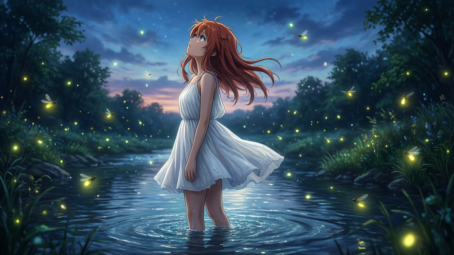 Menma Among Fireflies 壁紙 — 一個紅髮飄逸、身穿白色連衣裙的女孩赤腳站在暮色中的溪流中，周圍是發光的螢火蟲。
